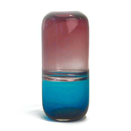 Front view of Andria Vase. Red and blue tinted clear glass, red on top and blue below.
