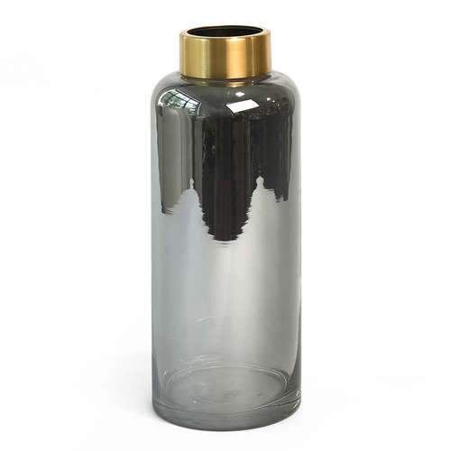 Front view of Antonia Vase. Cylindrical body is made of clear grey tinted glass, and topped with a gold rim.