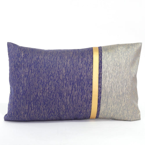 Front of Anzio cushion cover with blue and silver colour block and gold stripe embellishment and pattern