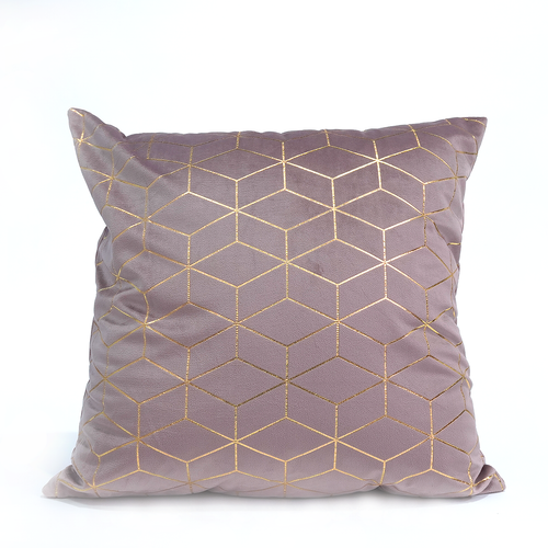 Front of Bardot pink cushion cover with geometric pattern with gold lines on a dusty pink base