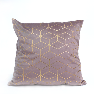 Front of Bardot pink cushion cover with geometric pattern with gold lines on a dusty pink base