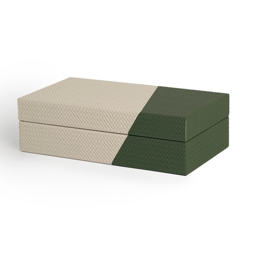 Side of Basil box showing woven pattern on beige and green faux leather