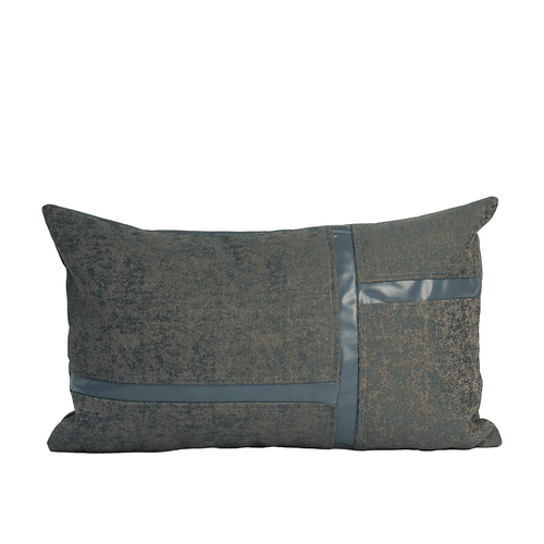 Front of Beckett grey cushion cover with grey pebbled texture and dusty blue leather stripes