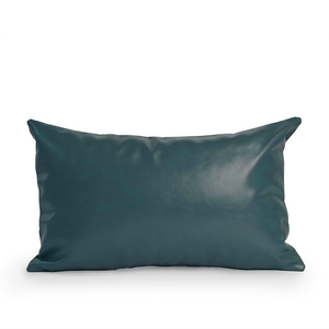 Back of Beckett cushion cover with solid dusty blue colour on a shiny leather material