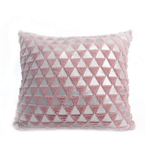 Front of Bijou pink cushion cover with geometric triangular pattern in pink and silver