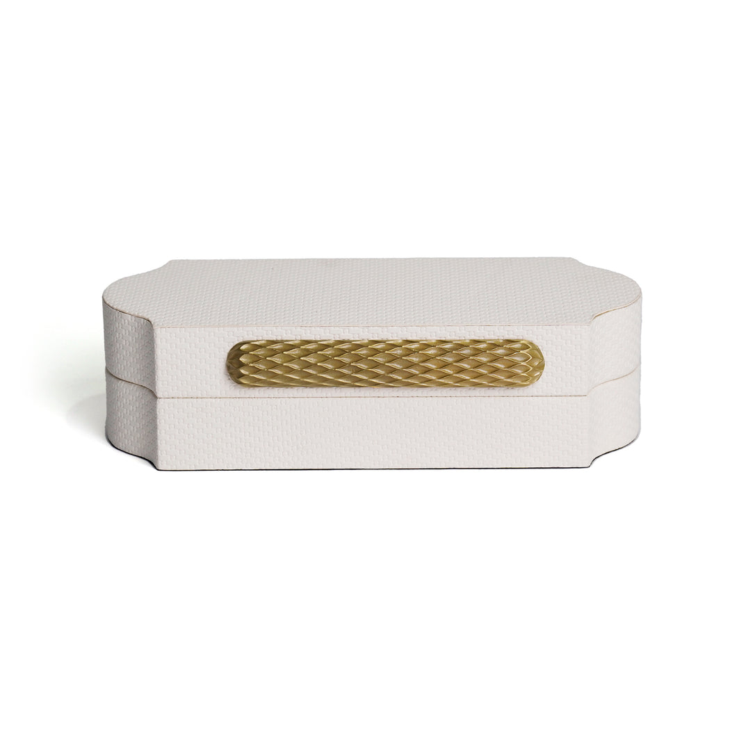 Front of Brixton box showing etched texture on white leather, curved sides with gold patterned hardware
