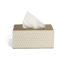 Front of filled white Castello tissue box with embossed honeycomb pattern and smooth gold lid