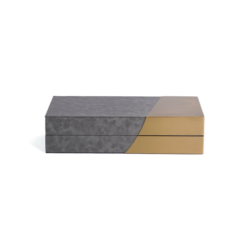 Front of Corsica box with smooth pebble grey faux leather and gold metal panels