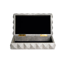 Front view of open Covina box with moulded stud pattern on light grey faux leather, gold hardware and black suede inner lining