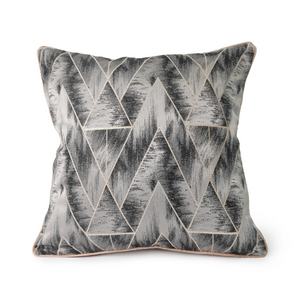 Front of Aspen grey cushion cover with geometric pattern in grey, black and gold