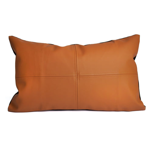Front of Blake cushion cover with solid brown leather and stitch detail intersecting in the middle