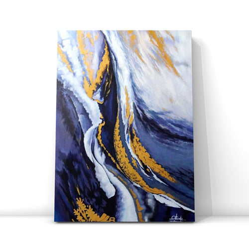 Abstract acrylic painting in shades of dark blue, white and gold on a vertical canvas