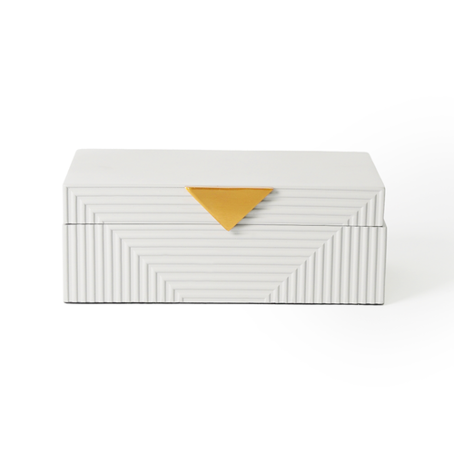 Front of Hamilton grey box with a solid light grey colour, ridged stripe pattern and triangle gold hardware