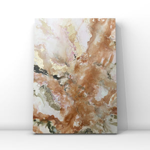 Red Jasper painting, abstract painting in shades of orange and brown with gold foil on a portrait canvas