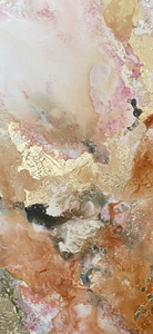 Closeup of Red Jasper painting, abstract painting in shades of orange and brown with gold foil on a portrait canvas