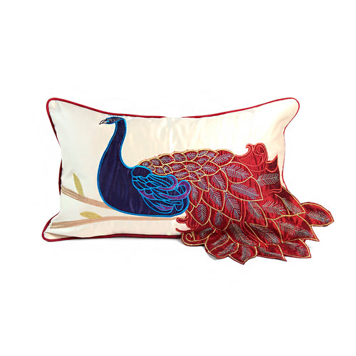 Peacock Cushion Cover, Red and Blue