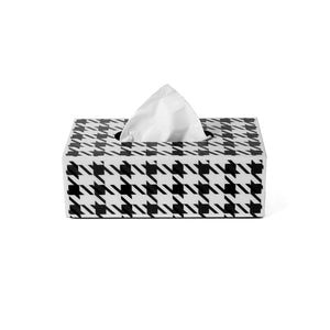 Front view of filled Richmond tissue box with all over black and white houndstooth print on smooth acrylic and a cutout opening
