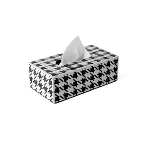 Side view of filled Richmond tissue box with all over black and white houndstooth print on smooth acrylic and a cutout opening