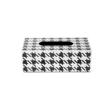 Front view of Richmond tissue box with all over black and white houndstooth print on smooth acrylic and a cutout opening