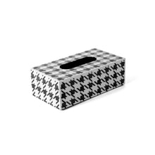 Side view of Richmond tissue box with all over black and white houndstooth print on smooth acrylic and a cutout opening