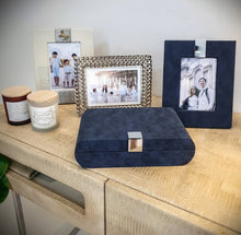 Ashley blue box and matching Alden blue photoframe with Hope & Light candle set, Valencia cream photo frame on a light beige side console