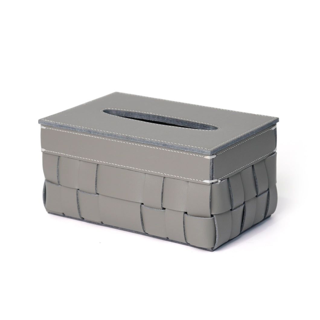 Side view of Sloane tissue box with grey woven faux leather panels and smooth cutout opening on lid