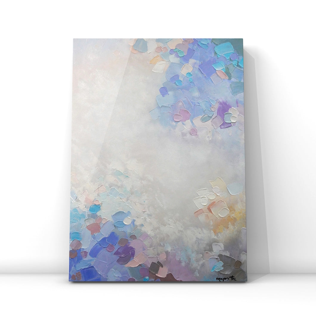 Pastel abstract acrylic painting featuring brush strokes in shades of white, blue and purple on a vertical canvas.