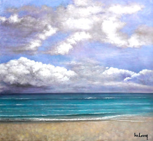 Acrylic painting of a seaside scene depicting white clouds in a light blue sky, a vibrant aquamarine ocean and glittering golden sand. Done on a square canvas.