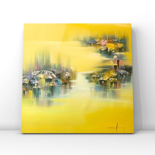 Acrylic painting depicting a scene of a sunrise in a Vietnamese village. Done in shades of bright yellow, teal, pink, blue and grey on a large square canvas.