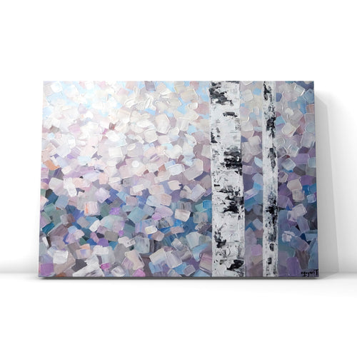 Acrylic abstract painting depicting a snowy winter day, featuring brushstrokes in pastel pink, purple and blue. The foreground features two white and black tree trunks. Done on a horizontal rectangular canvas.