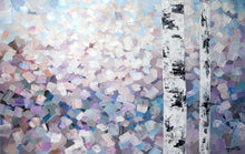 Acrylic abstract painting depicting a snowy winter day, featuring brushstrokes in pastel pink, purple and blue. The foreground features two white and black tree trunks. Done on a horizontal rectangular canvas.